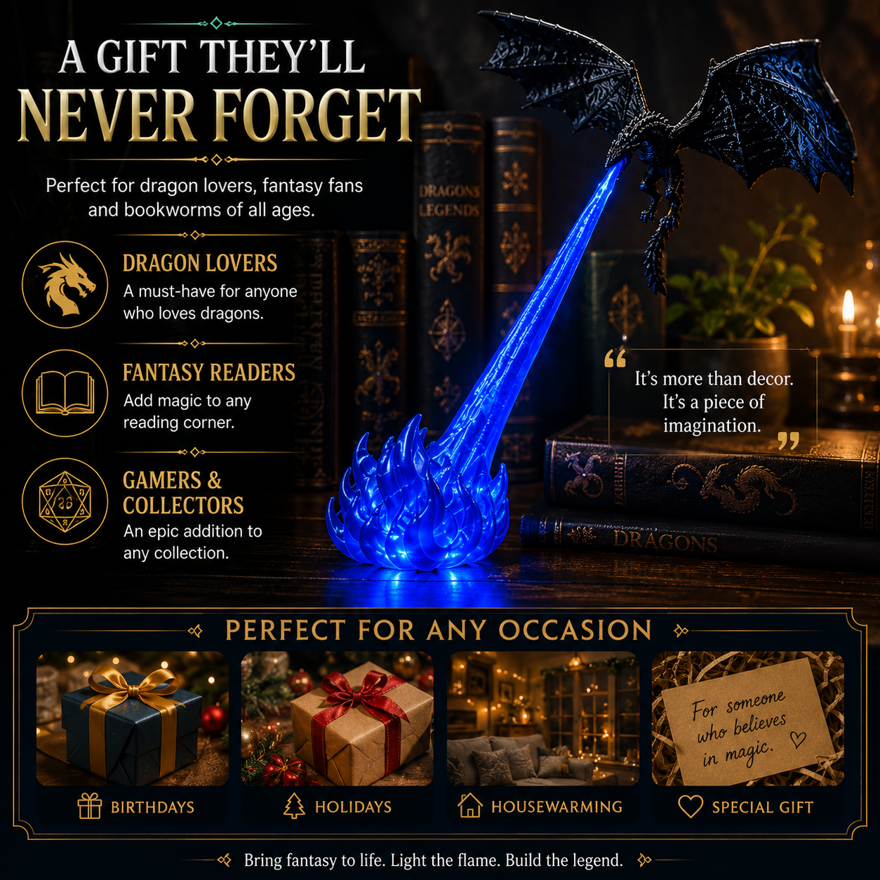 🔥 HOT SALE 🐉| 3D Fire-Breathing Dragon LED Display – Fantasy Bookshelf Decor with Glowing Flame