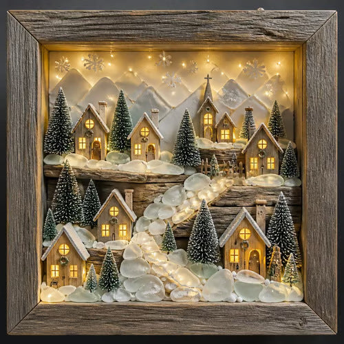 ⭐ Coastal Lighthouse Sea Glass Shadow Box Light | Nautical Wooden Frame LED Night Lamp
