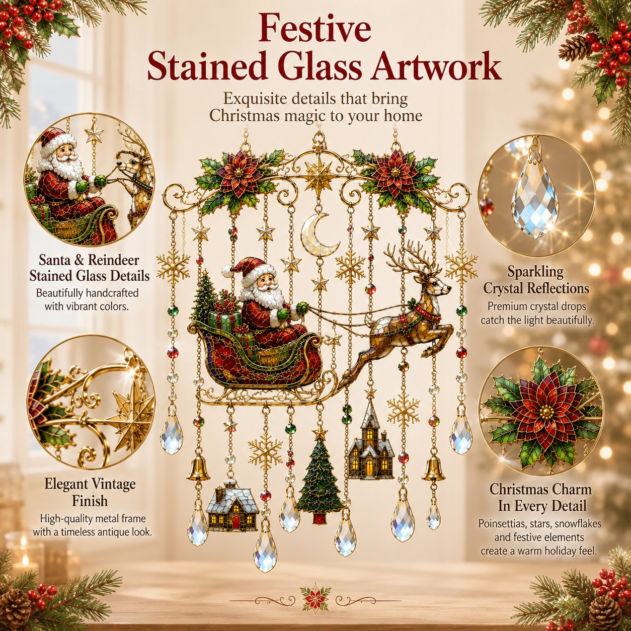 🔥 LAST DAY 49% OFF – 🎄Handmade Christmas Stained Glass Window Hanging | Tempered Stained Glass, K9 Crystal Drops & Ready-to-Hang Holiday Decor ✨