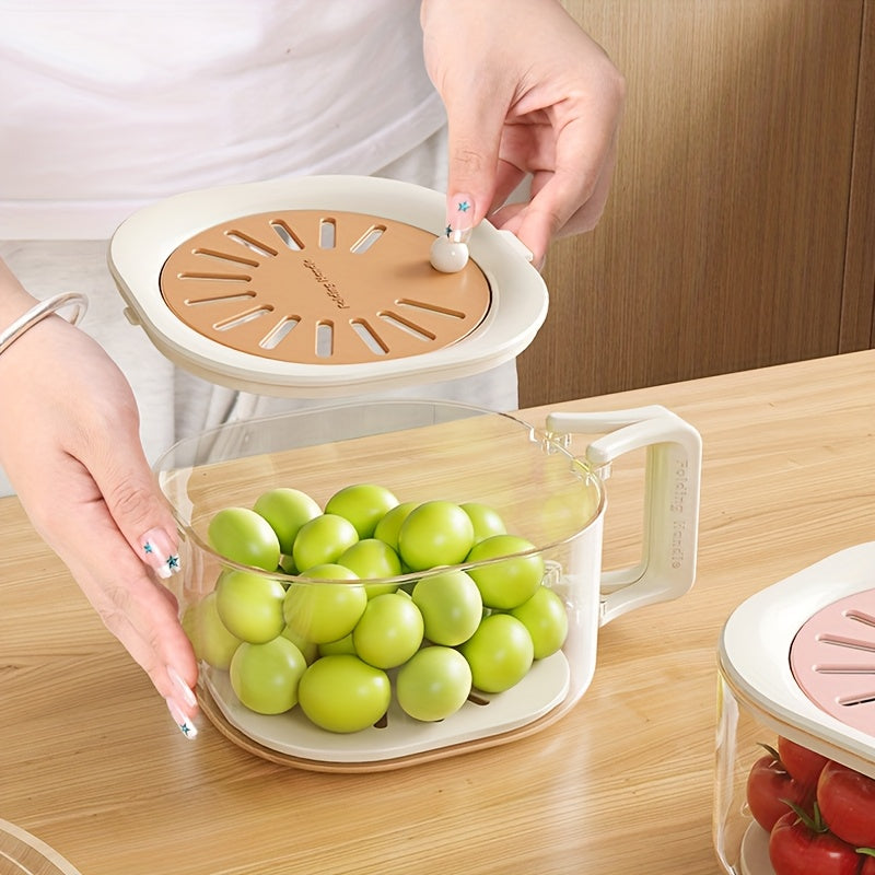 2-in-1 Double-Layer Kitchen Drain Basket, Foldable Handle Colander & Strainer Bowl, Multi-Functional Fruit Vegetable Washing Basin, Refrigerator Storage Organizer with Lid, Portable Food Basket for Picnic, Camping
