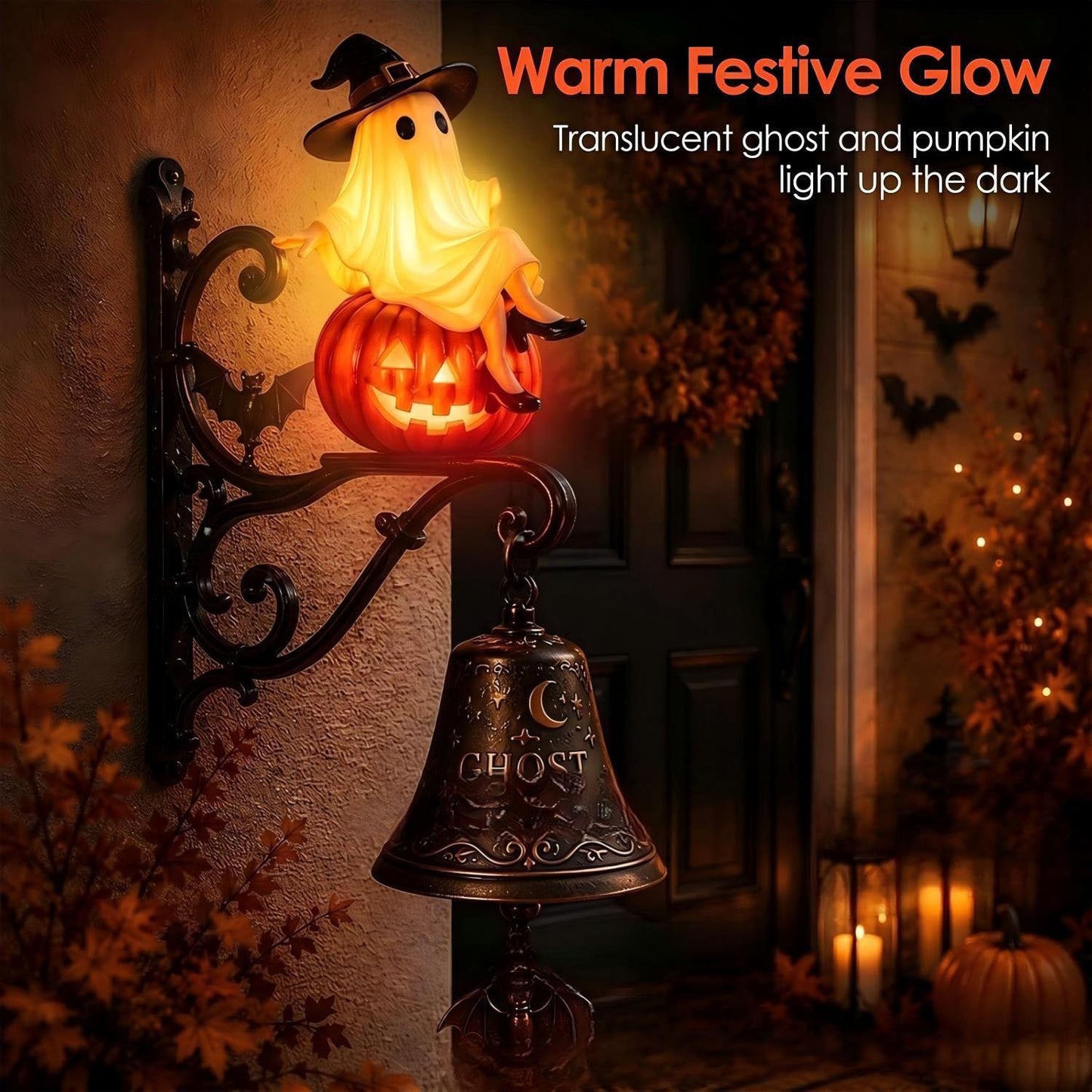 Vintage Ghost Bell Halloween Decor – Daytime Retro Elegance & Night Glowing Magic Ornament