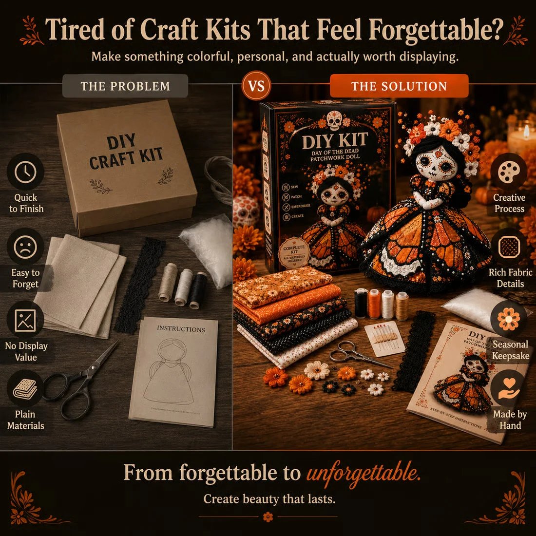 🎃 Day of the Dead Patchwork Doll DIY Sewing Kit – Handmade Fabric Doll Making Kit with Floral Details