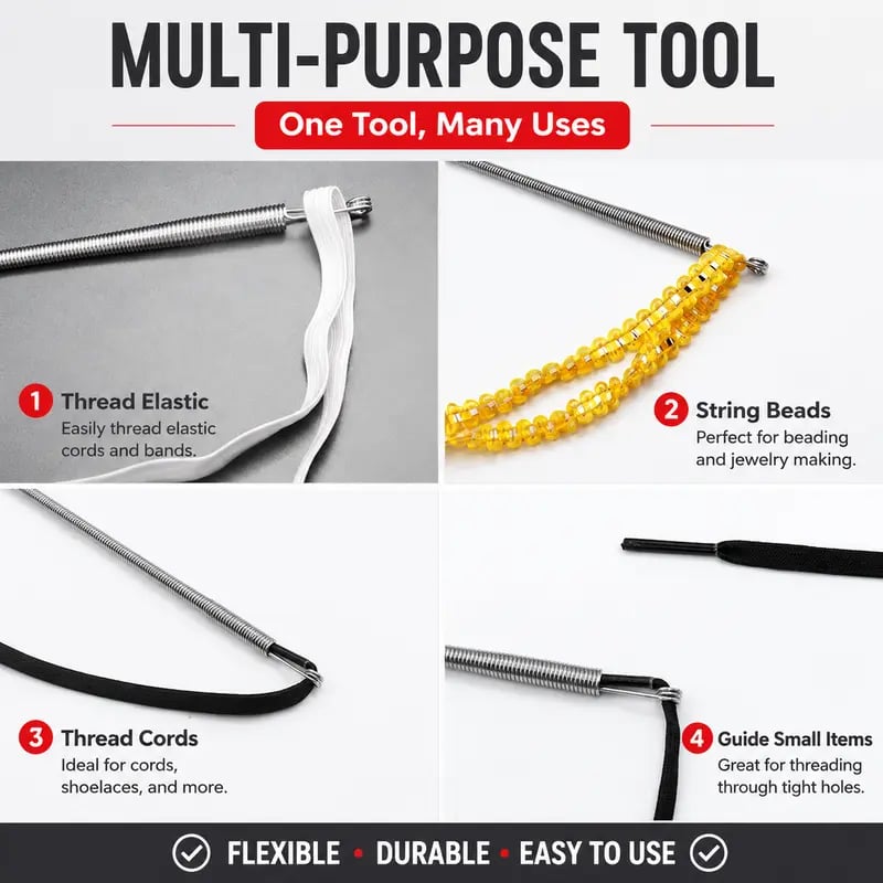 2Pcs Flexible Drawstring Threading Tool 🧵 Bendable Metal Spring Threader for Hoodies Pants Shoelaces