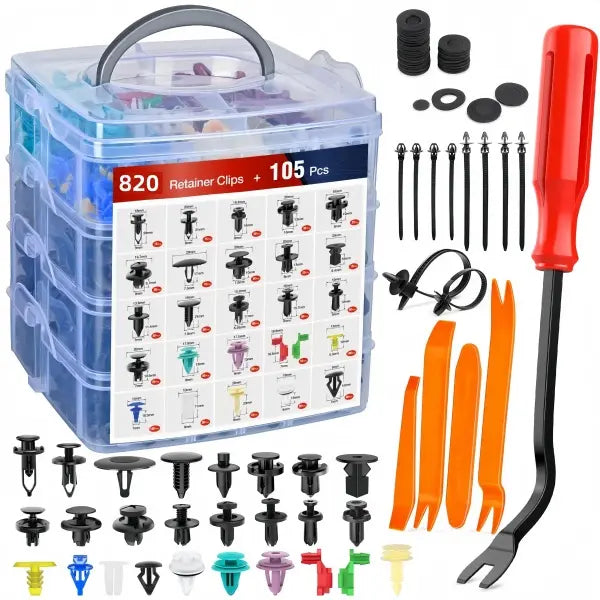 Large retainer clip assortment with removal tools