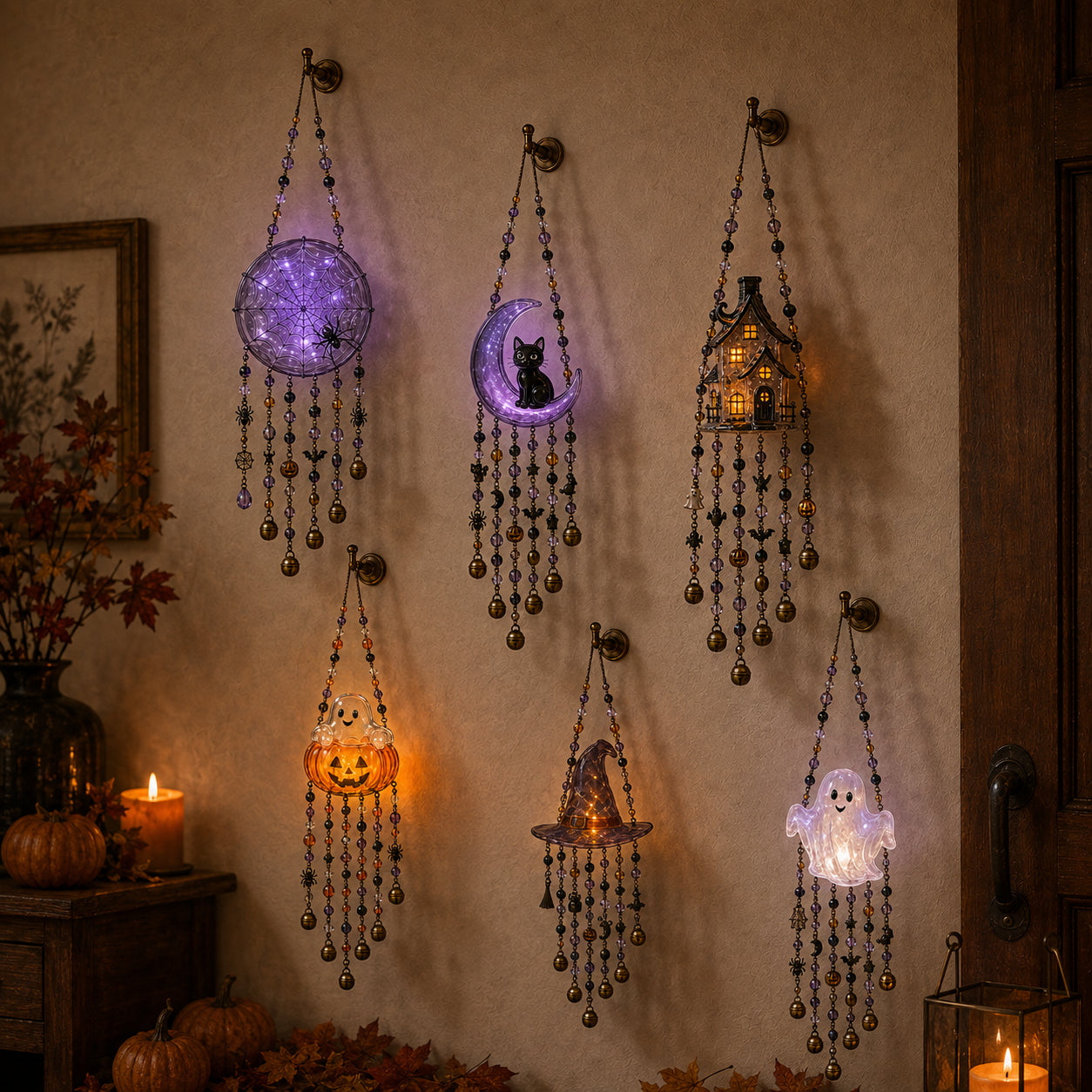 Lighted Halloween Beaded Wind Chime Collection – Glowing Hanging Décor