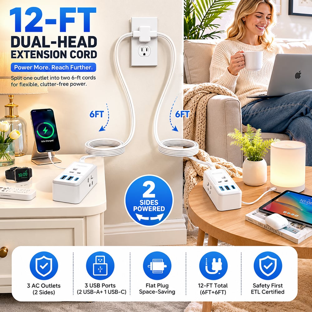 ⚡ Dual Extension Cable – 12-Foot Splitter with USB & AC Ports