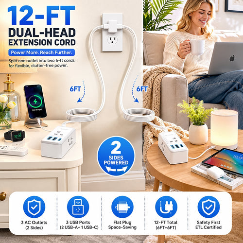 ⚡ Dual Extension Cable – 12-Foot Splitter with USB & AC Ports