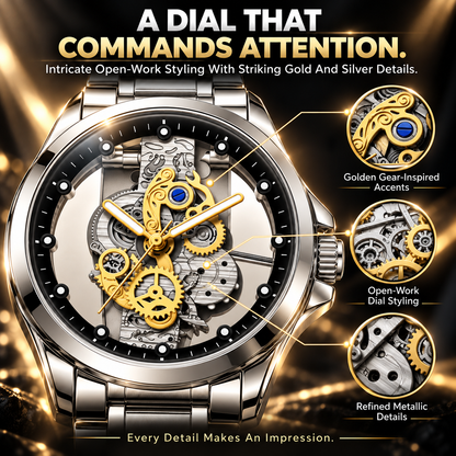 Men's Luxury Skeleton Dial Watch – Stainless Steel Bracelet, Elegant Gold Gear Design & 30M Water Resistant