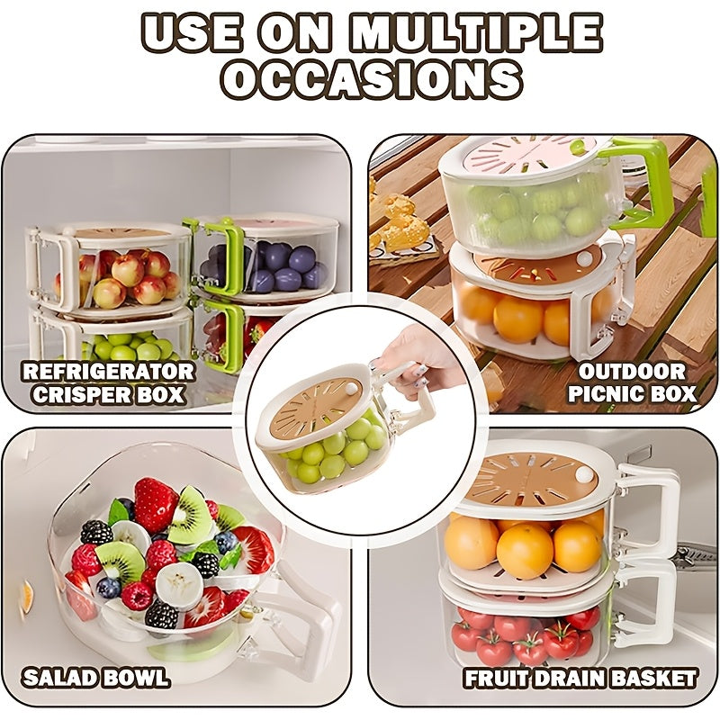 2-in-1 Double-Layer Kitchen Drain Basket, Foldable Handle Colander & Strainer Bowl, Multi-Functional Fruit Vegetable Washing Basin, Refrigerator Storage Organizer with Lid, Portable Food Basket for Picnic, Camping