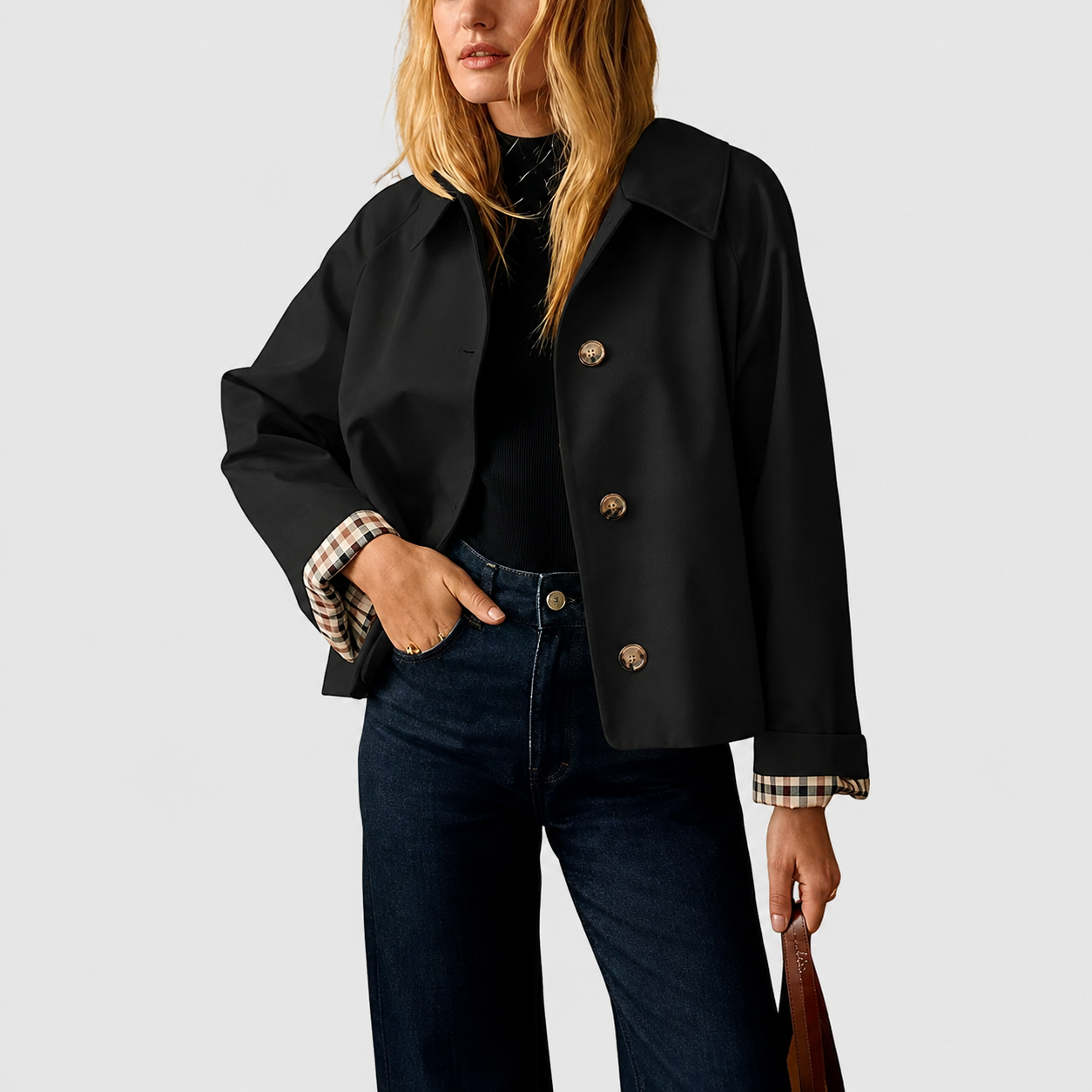 Women's Cropped Trench Coat – Relaxed Fit Jacket with Plaid Lining | 7 Colors