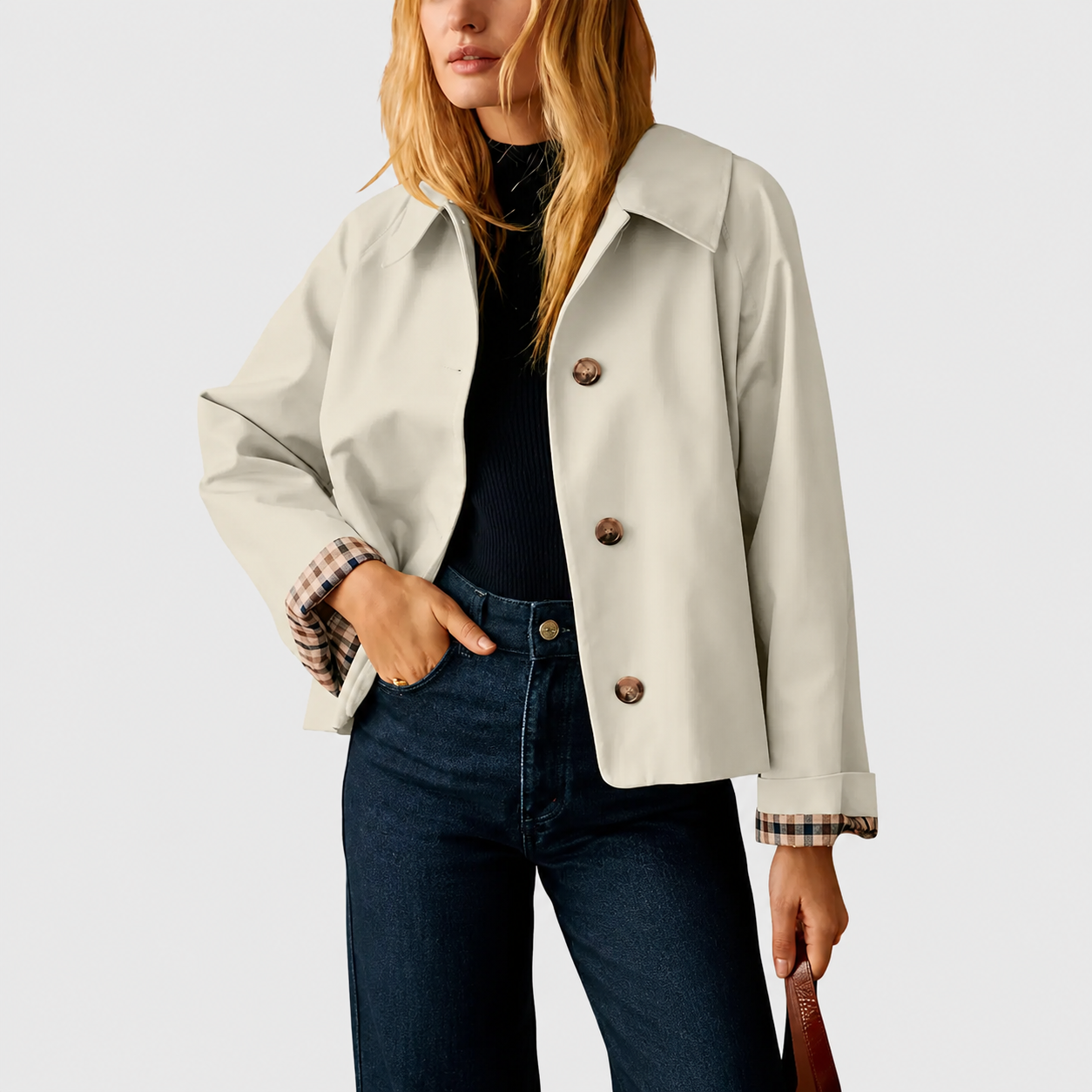 Women's Cropped Trench Coat – Relaxed Fit Jacket with Plaid Lining | 7 Colors