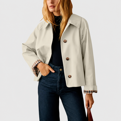 Women's Cropped Trench Coat – Relaxed Fit Jacket with Plaid Lining | 7 Colors