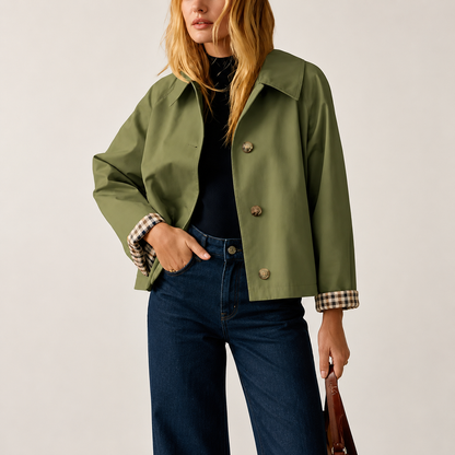 Women's Cropped Trench Coat – Relaxed Fit Jacket with Plaid Lining | 7 Colors