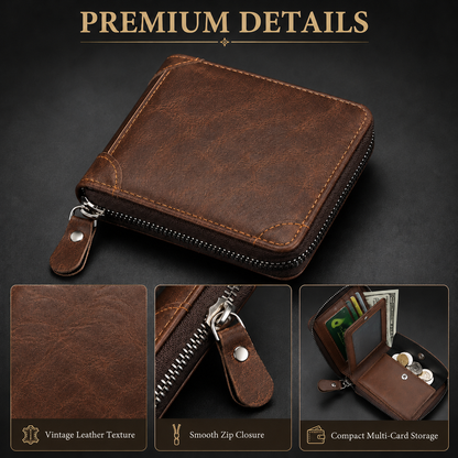 💼 Men Retro PU Leather Zip Wallet, Bifold Card Coin Purse