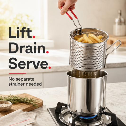 🍟 Personal Mini Deep Fryer Set – Stainless Steel Pot with Lift-Out Draining Basket & Food Tongs🍟