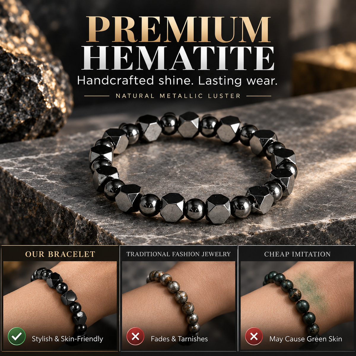 Handcrafted Geometric Natural Hematite Stone Bracelet 🖤
