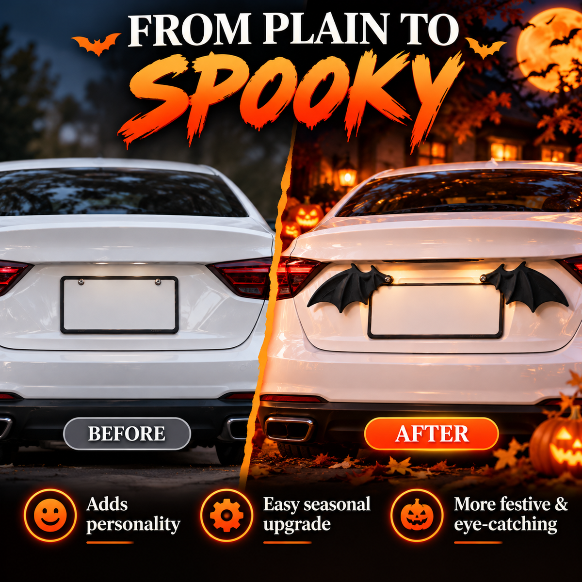 ✨ Easy-Install Bat Wing Plate Decor – Whimsical Halloween Auto Ornament, Durable & Eye-Catching for Cars & Trucks