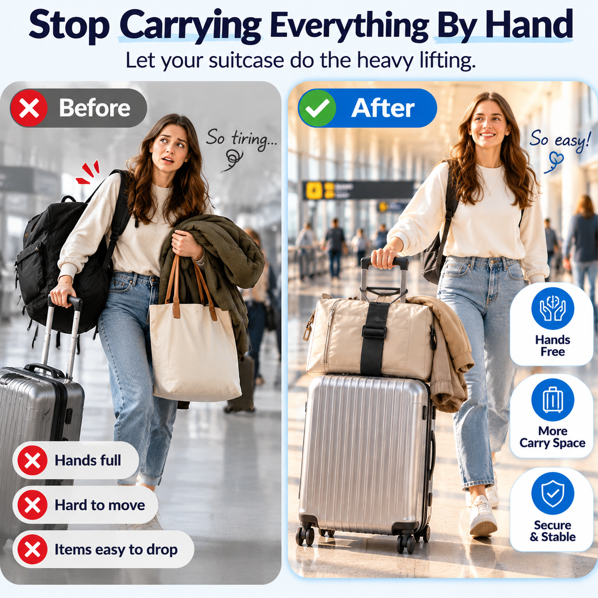 ✈️2-Pack Hands-Free Travel Luggage Strap – Carry More, Stress Less