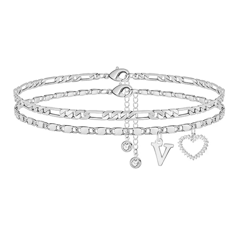 🎁 14k-Gold Plated-Double-Layer 26-Letter-Tone Chain Heart-Shaped Anklet with a heart-shaped pendant