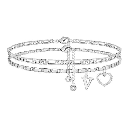 🎁 14k-Gold Plated-Double-Layer 26-Letter-Tone Chain Heart-Shaped Anklet with a heart-shaped pendant