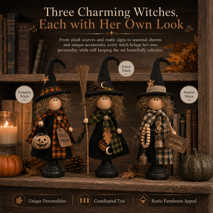 Rustic Halloween Witch Figurines, Set of 3 – Vintage Farmhouse Tabletop Decor