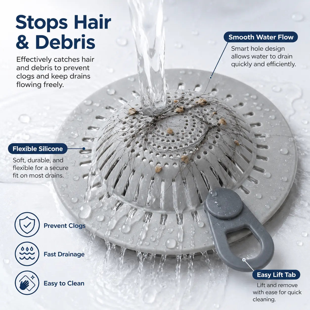 Silicone Hair Catcher Drain Cover – Flexible Shower & Sink Strainer
