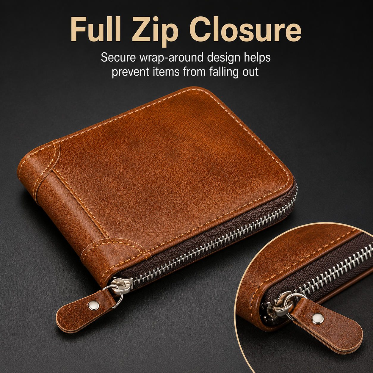 💼 Men Retro PU Leather Zip Wallet, Bifold Card Coin Purse
