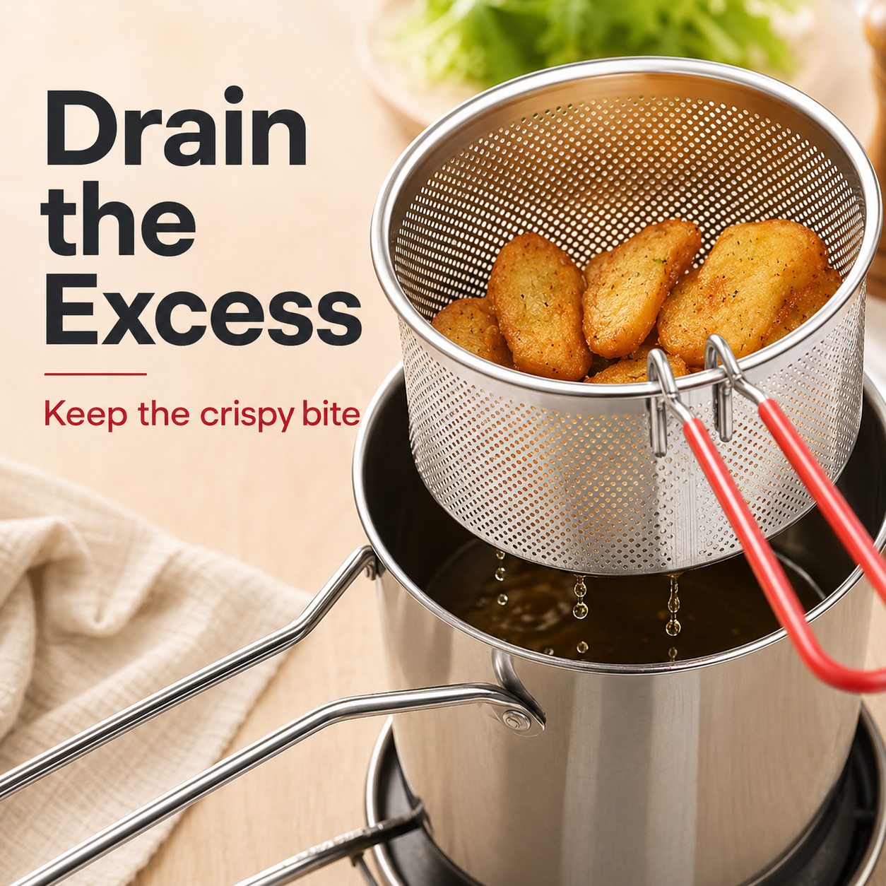 Personal Mini Deep Fryer Set – Stainless Steel Pot with Lift-Out Draining Basket & Food Tongs