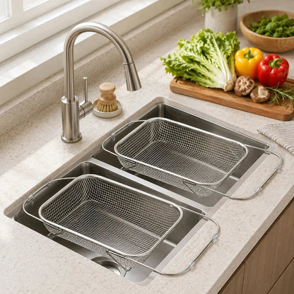 Stainless Steel Over-The-Sink Colander Strainer Basket, Expandable Rectangle Fine Mesh Kitchen Utensils with Handles, Silver Kitchen Essential