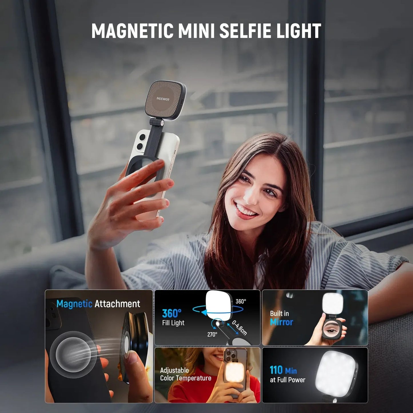 💖Magnetic Selfie Light for MagSafe iPhone – Foldable LED Ring Light with Mirror & Stand 📱💡