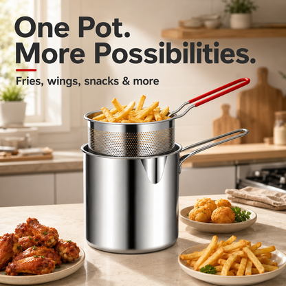 Personal Mini Deep Fryer Set – Stainless Steel Pot with Lift-Out Draining Basket & Food Tongs