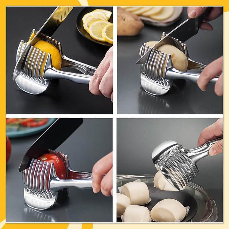 Creative Kitchen Slice Cutting Tool, Food‑Grade Aluminum Alloy Hand‑Held Slicer, Quick Slicing Holder for Lemon, Tomato, Onion & Soft Fruits Vegetables