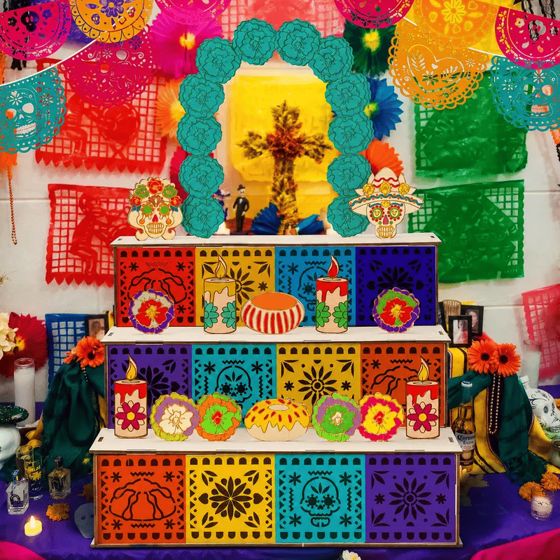 Day of the Dead Wooden Altar Display Set — 3-Tier Ofrenda Centerpiece (Buy 2, Free Shipping)