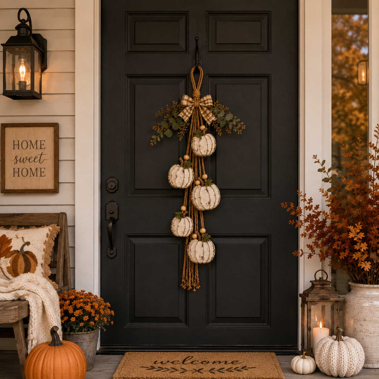 🔥BUY 2 SAVE 15% -🎃 Rustic White Pumpkin Hanging Swag – 5-Pumpkin Fall Door & Wall Decoration for Farmhouse Autumn Decor
