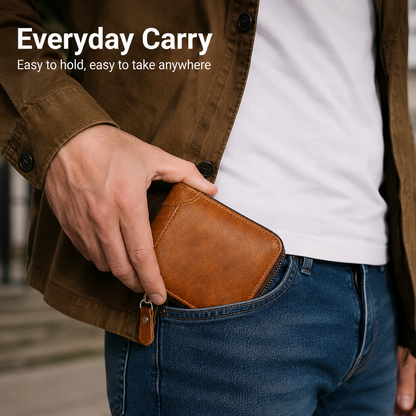 💼 Men Retro PU Leather Zip Wallet, Bifold Card Coin Purse