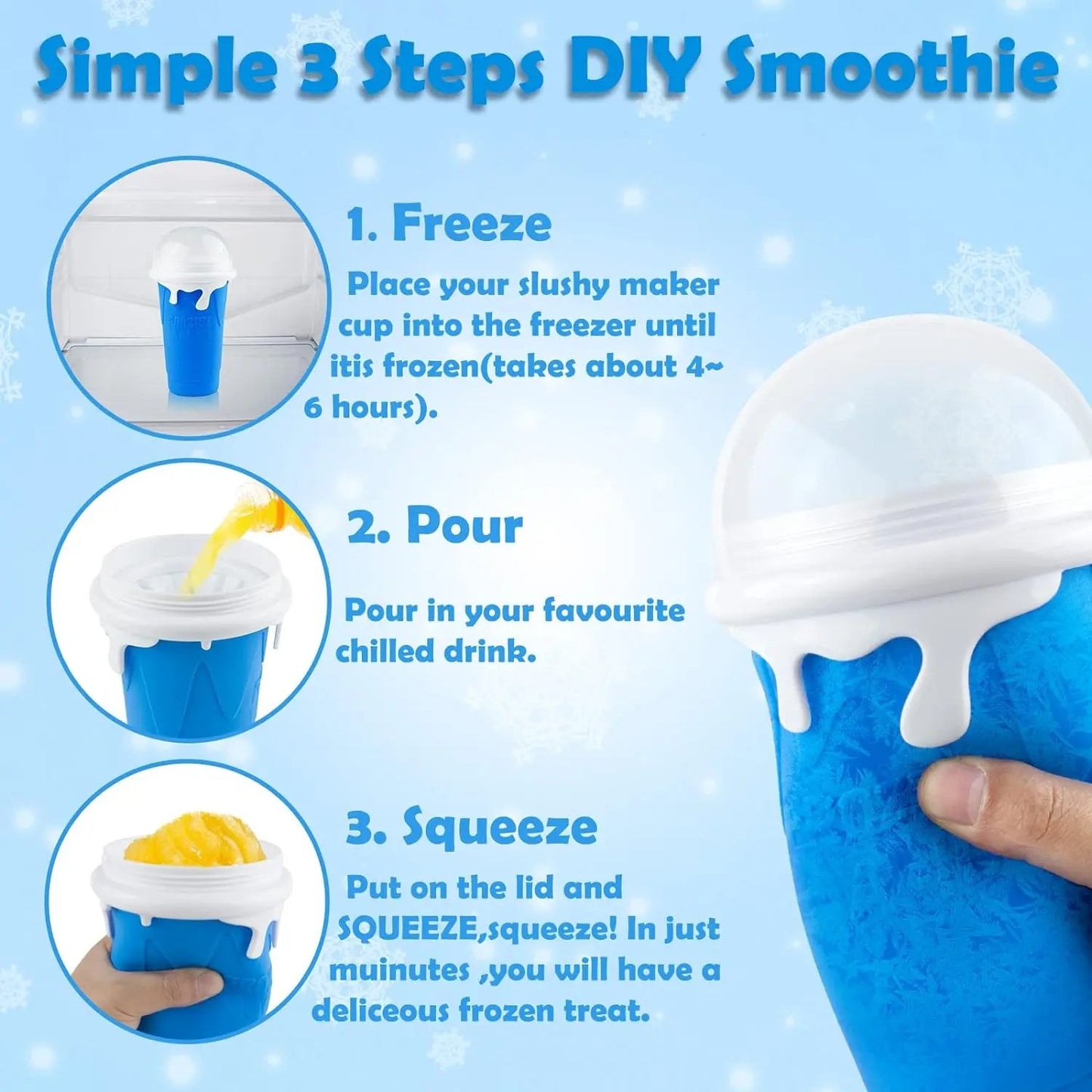 Slushy Cup, Freeze, Squeeze and Enjoy! Slushie Magic Cup, Homemade DIY Gadget with Lid & Straw Spoon 350ML, Washable, BPA free