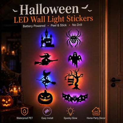 🔥Last Day 50% OFF - 🎃8 Pack Halloween LED Silhouette Wall Light Stickers, Battery Powered Peel & Stick Decor Lights