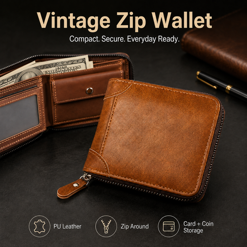 💼 Men Retro PU Leather Zip Wallet, Bifold Card Coin Purse