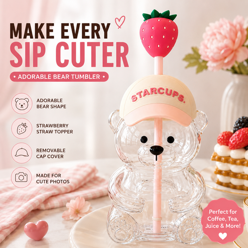 2026 New Cute Beaar Glass Tumbler with Bear Lid & Strawberry Straw, Holiday Teddy Bear Cup，20oz Reusable Aesthetic Teddy Bear Cup for Iced Coffee, Boba Milk Tea, Matcha, Juice, Smoothies & Cold Drinks, Dishwasher Safe