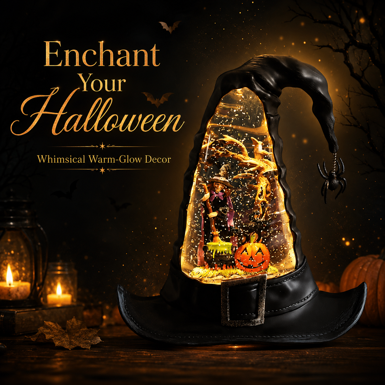 🔥🌲Witches Hat Lighted Water Lantern With Swirling Glitter🎁