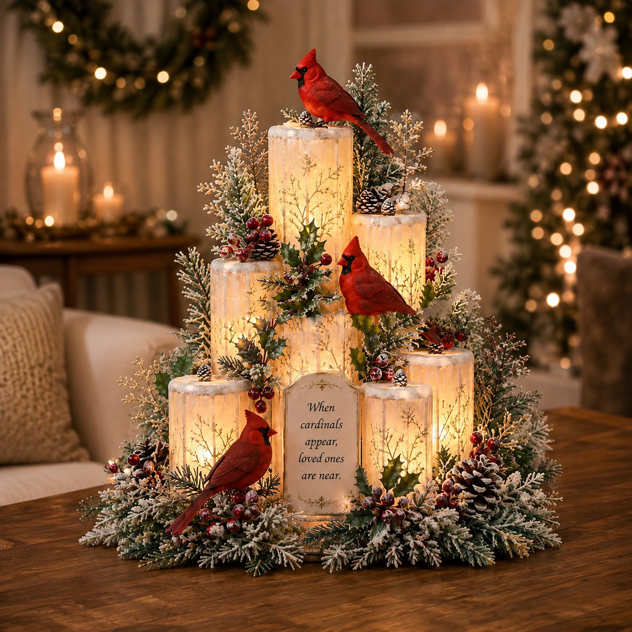 ❤️ Cardinal Remembrance Lighted Christmas Centerpiece – “Loved Ones Are Near”