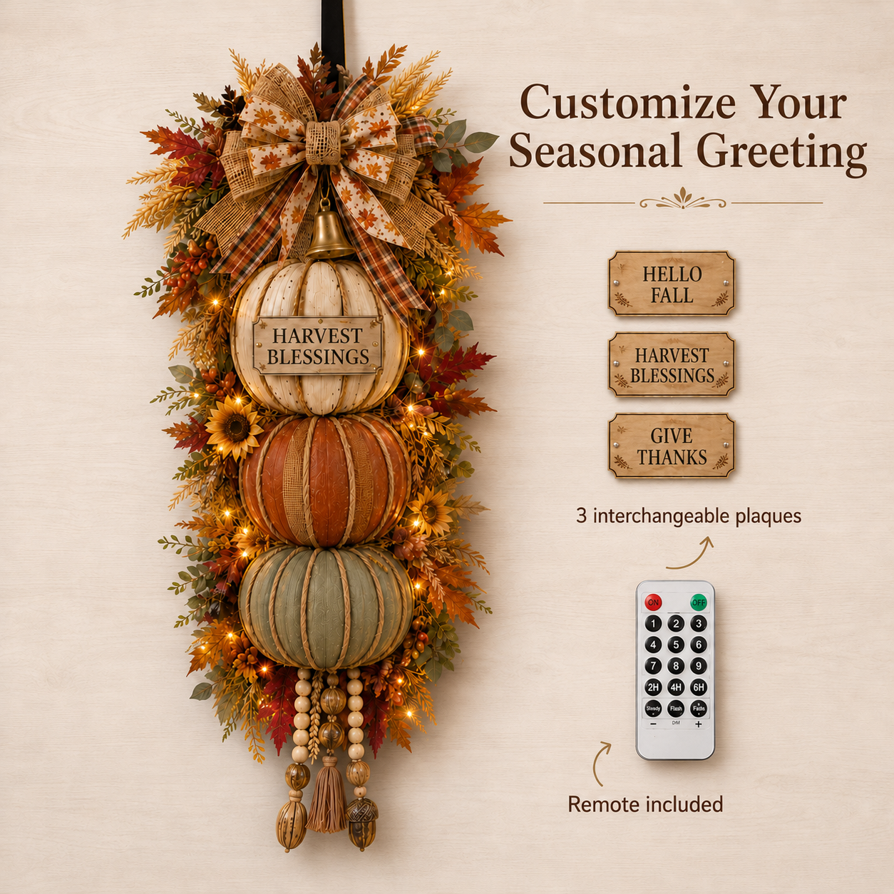 🏡🎃Lighted Stacked Pumpkin Fall Door Decor with 3 Seasonal Plaques
