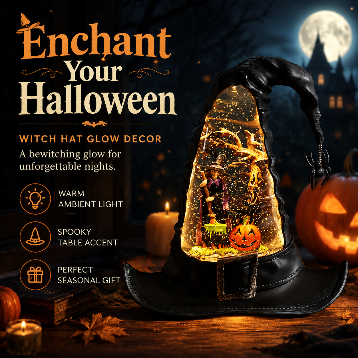 🔥🌲Witches Hat Lighted Water Lantern With Swirling Glitter🎁