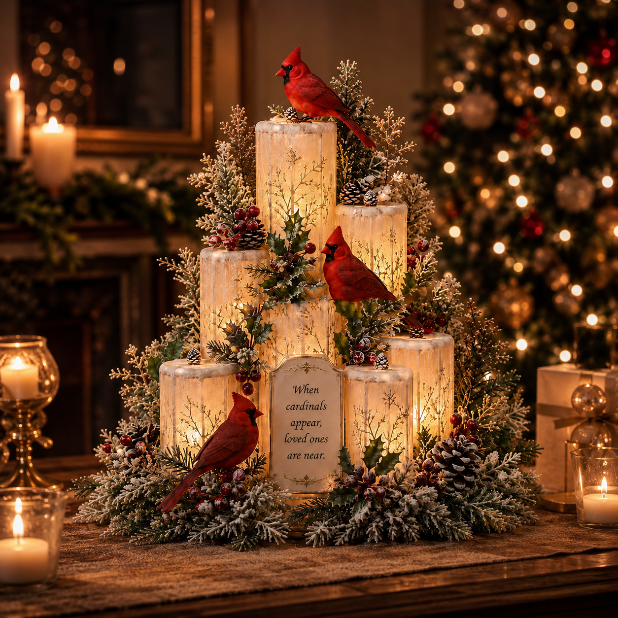 ❤️ Cardinal Remembrance Lighted Christmas Centerpiece – “Loved Ones Are Near”