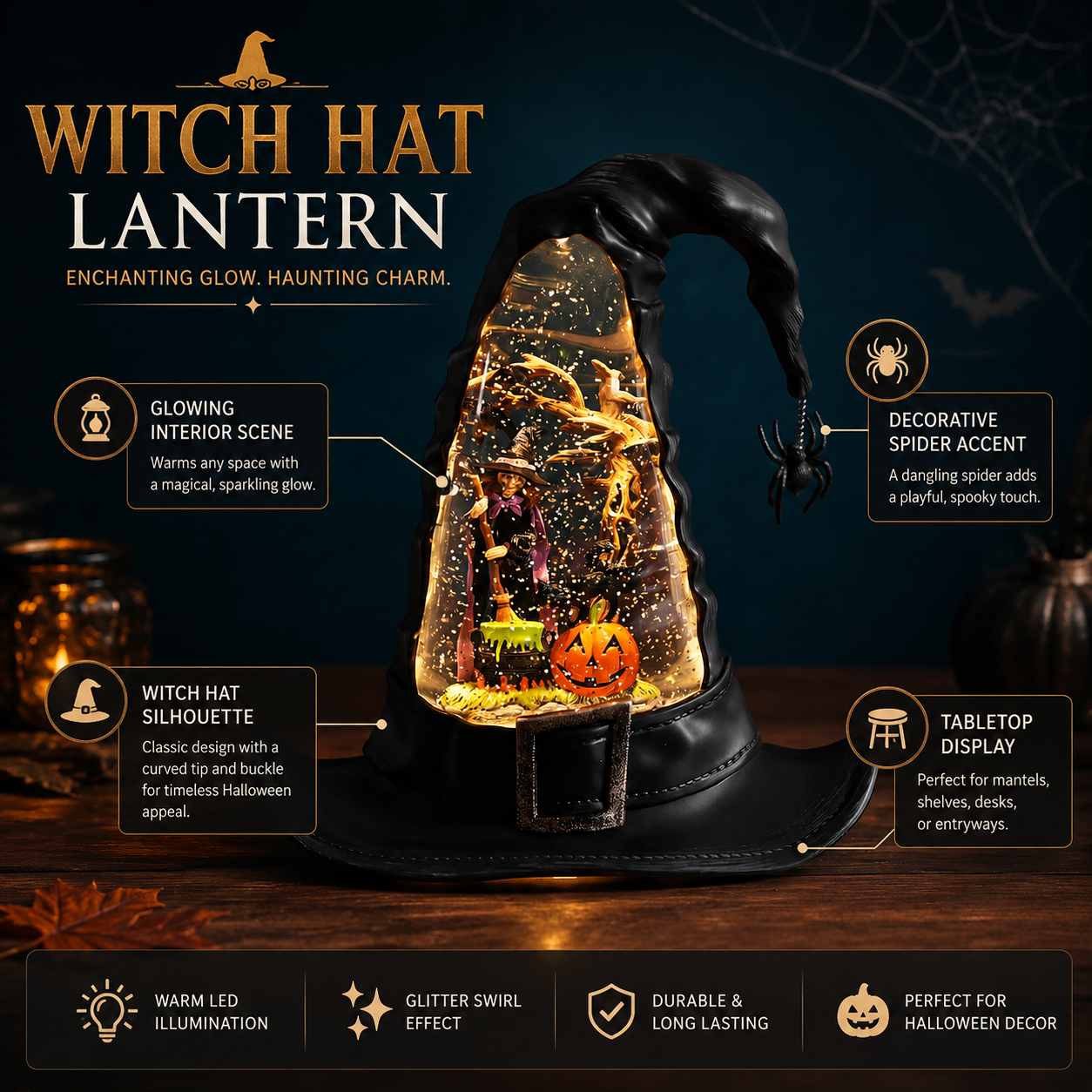 🔥🌲Witches Hat Lighted Water Lantern With Swirling Glitter🎁