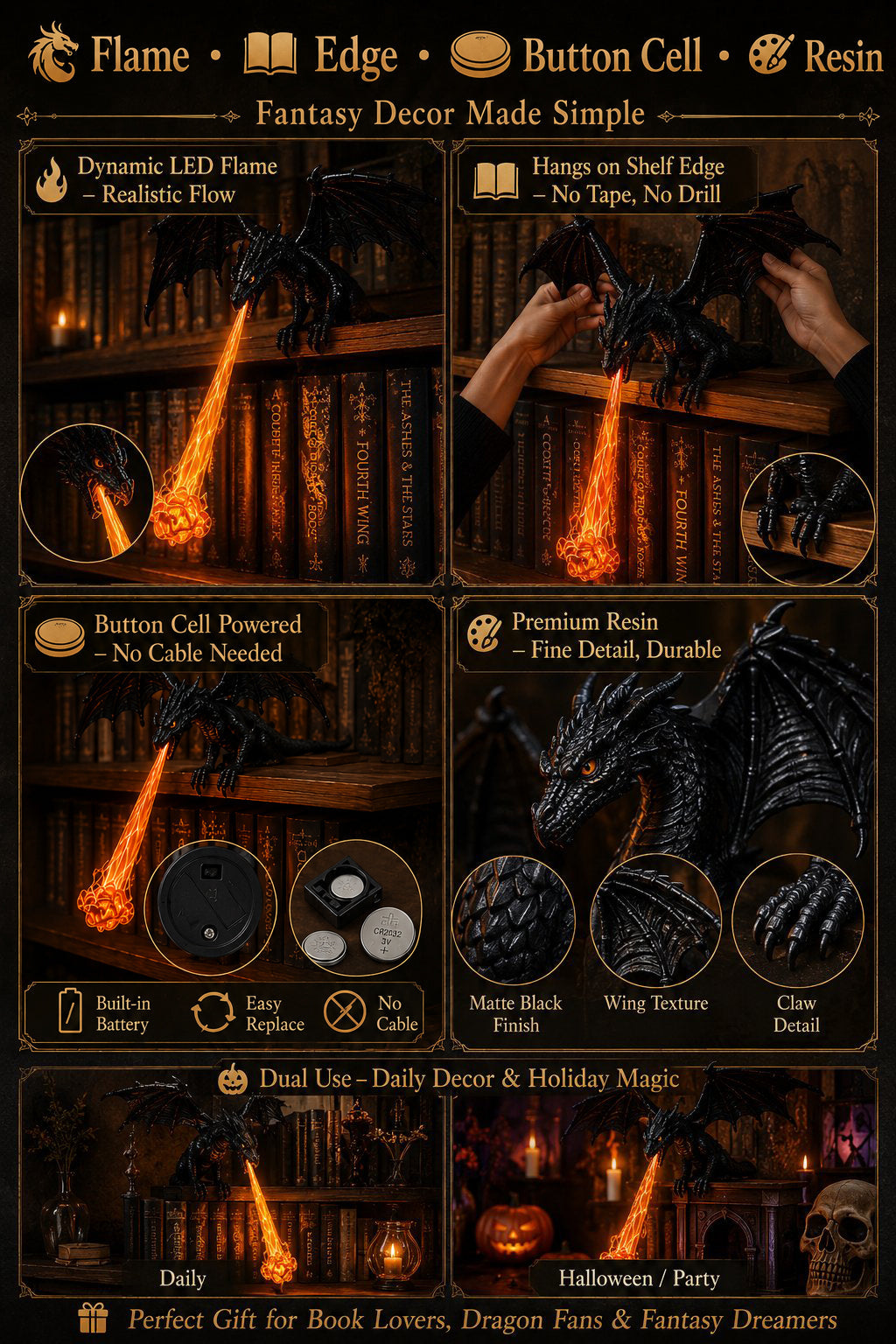 Fire-Breathing Dragon LED Sculpture | Fantasy Bookshelf & Desk Decor