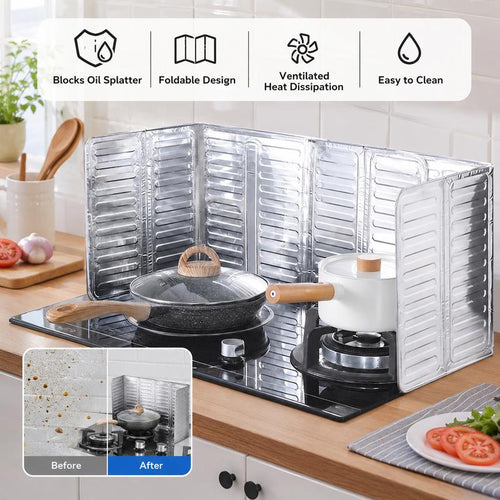 Foldable aluminum foil oil splash guard, heat-insulating and oil-proof baffle, suitable for cooking on household kitchen gas stoves, induction cookers and other cooking applications.