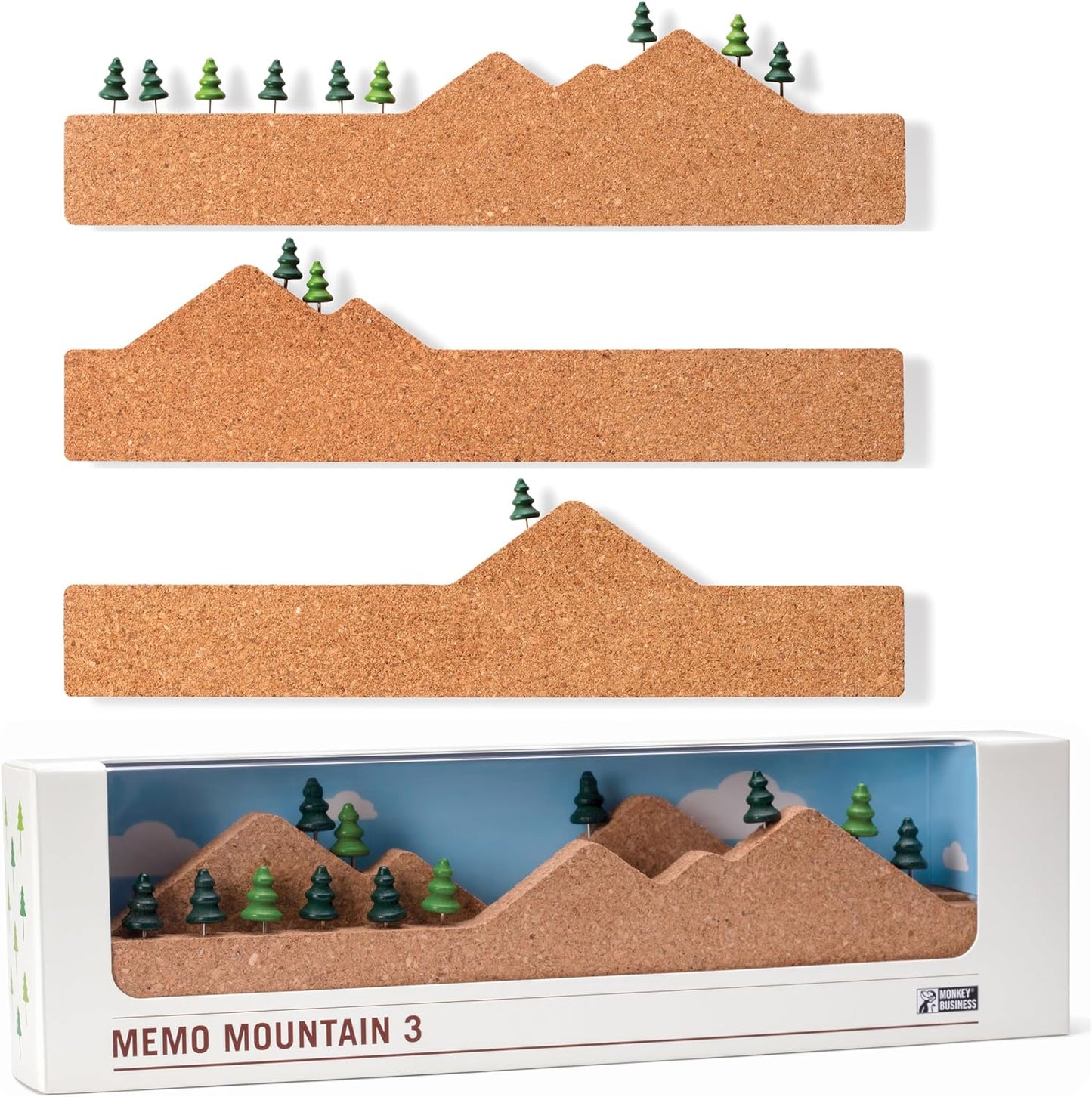 Memo Mountain 3 Cork Board Strips - Corkboard Pin Boards with Mountain Scene Pushpins, Office Accessories, Cute Cork Boards for Walls