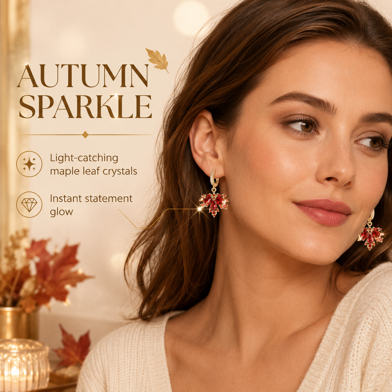 🍁 Autumn Glow: Crystal Maple Leaf Drop Earrings in Gold Finish