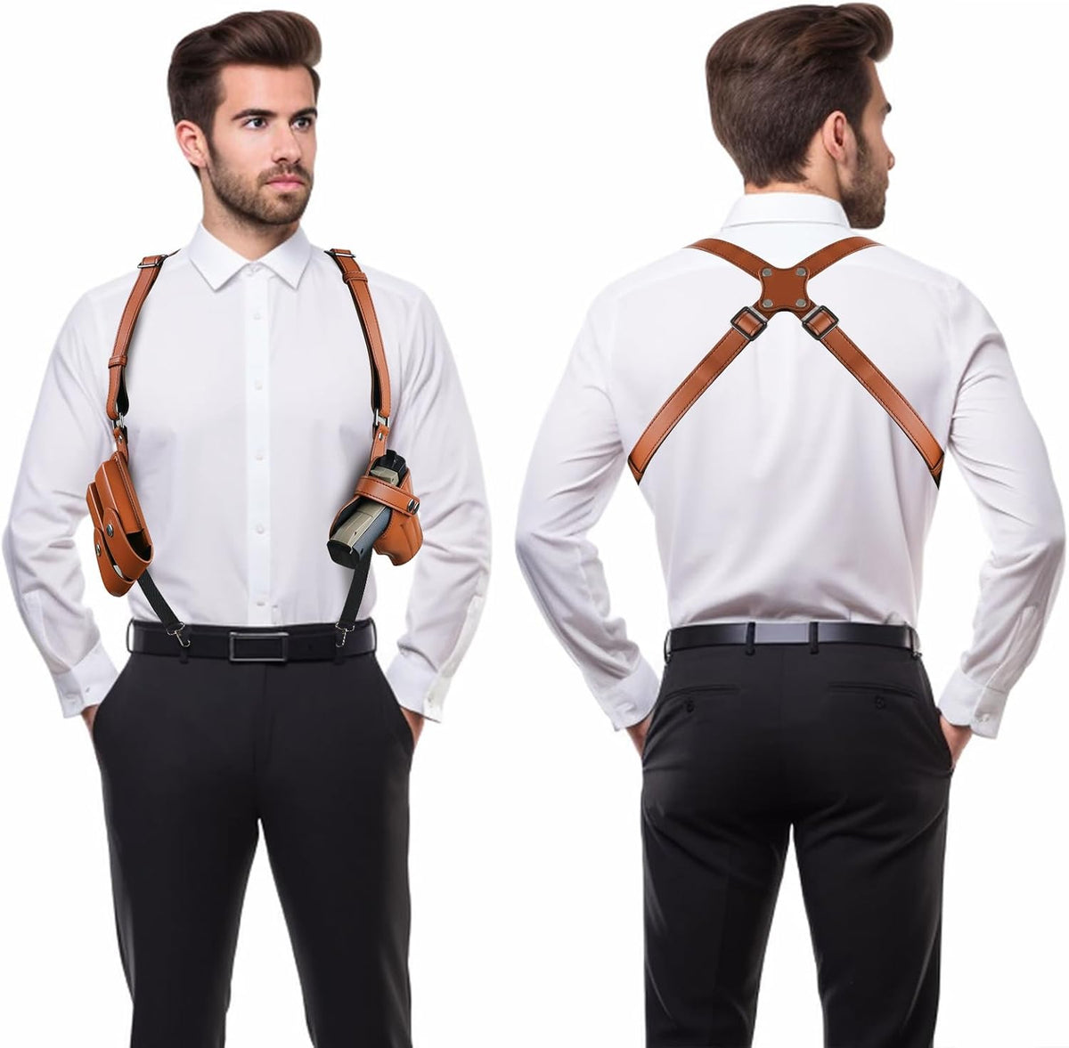Genuine leather shoulder holster, adjustable pistol holster with double magazine pouch, compatible with various models including Glock 17/19, 1911, Taurus G2C/G3C, M&P 9, SIG P220/P226, and 92FS.